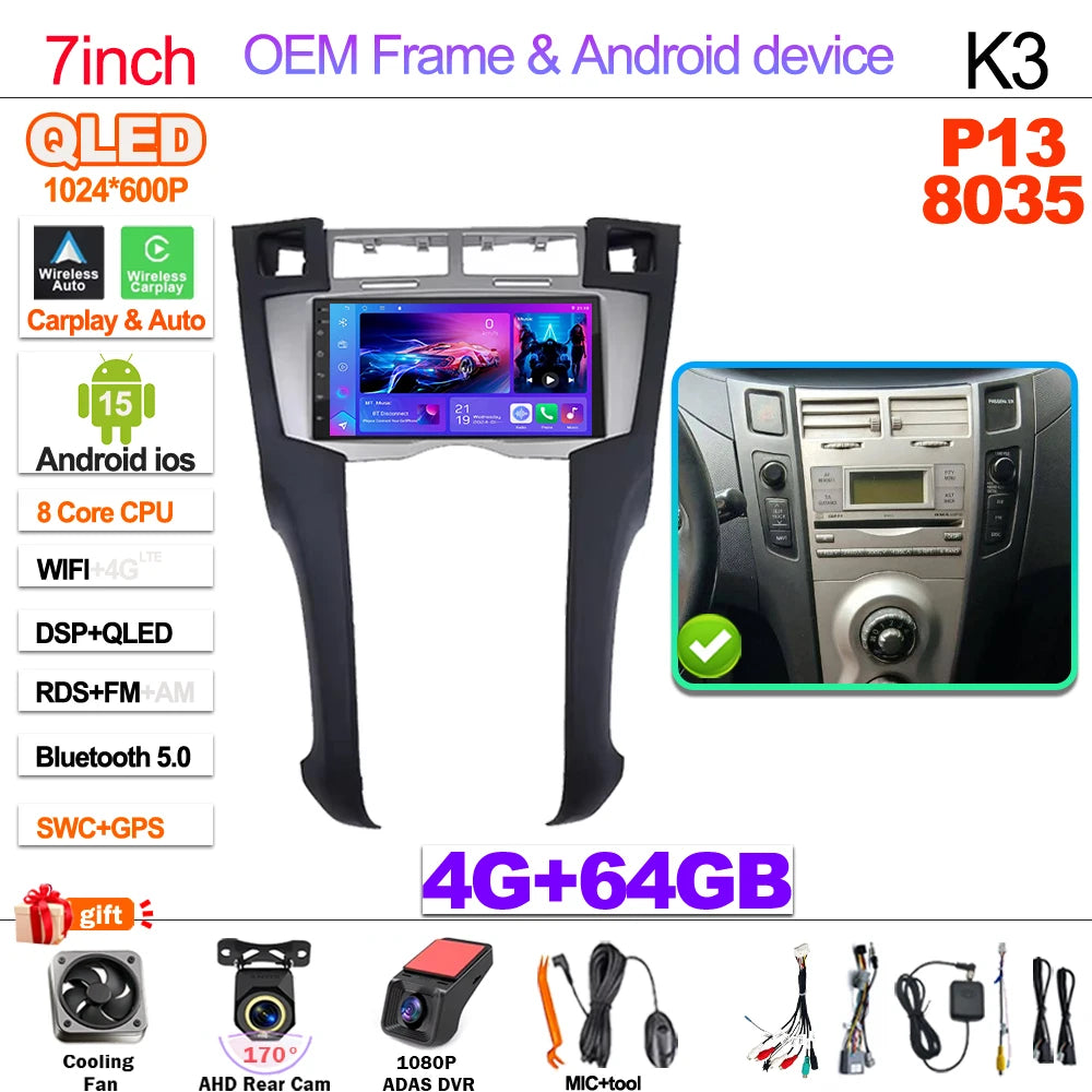 7" Android 16 Car Radio GPS Player For Toyota Yaris 2005 2006 2007 2008 2009 2010 2011 Stereo CarPlay Autoradio Video Bluetooth