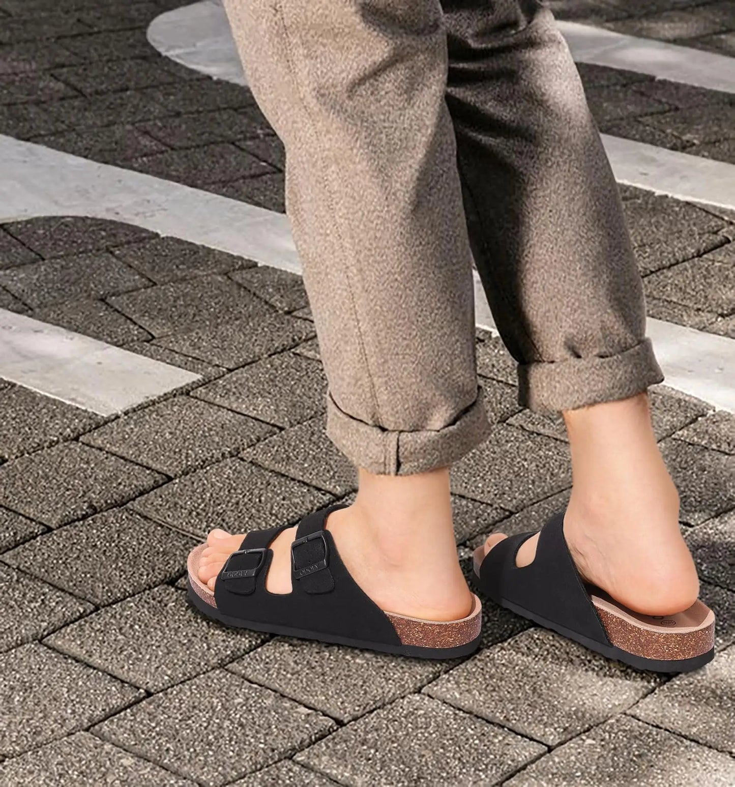 Crestar Women Cork Footbed Slippers Summer Couple Adjustable Double Buckles Flat Sandals Outdoor Cork Beach Slides With Open Toe