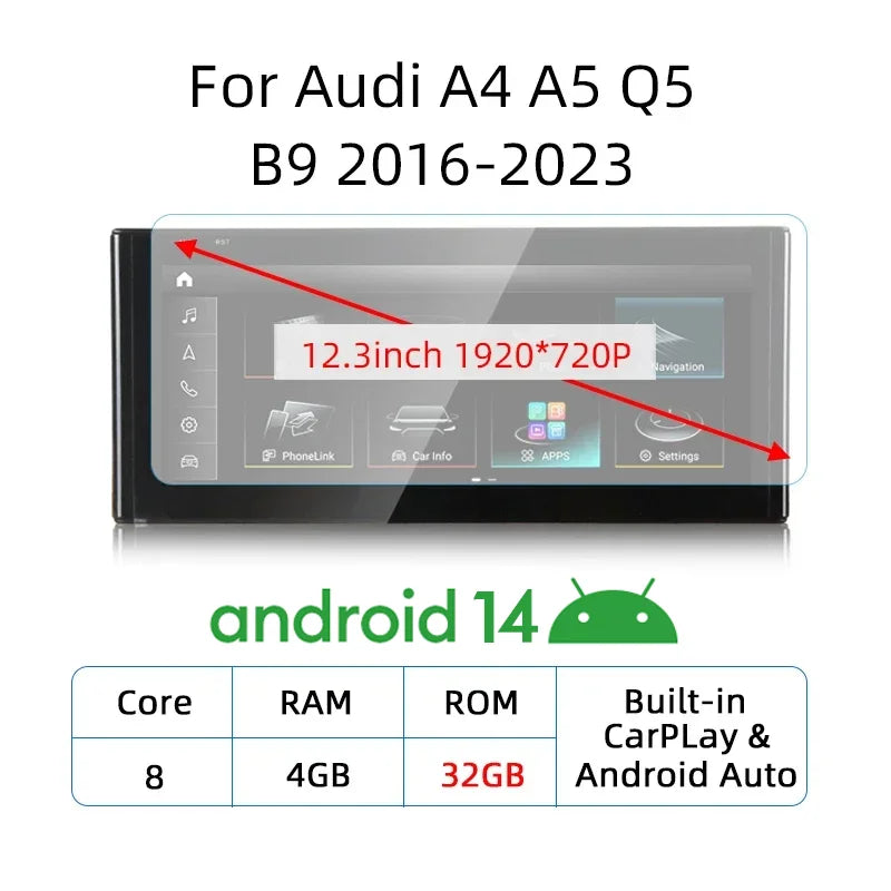 12.3" Car Stereo with Apple CarPlay & Android Auto, Compatible with Audi A4 A5 Q5 B9 (2016-2023)