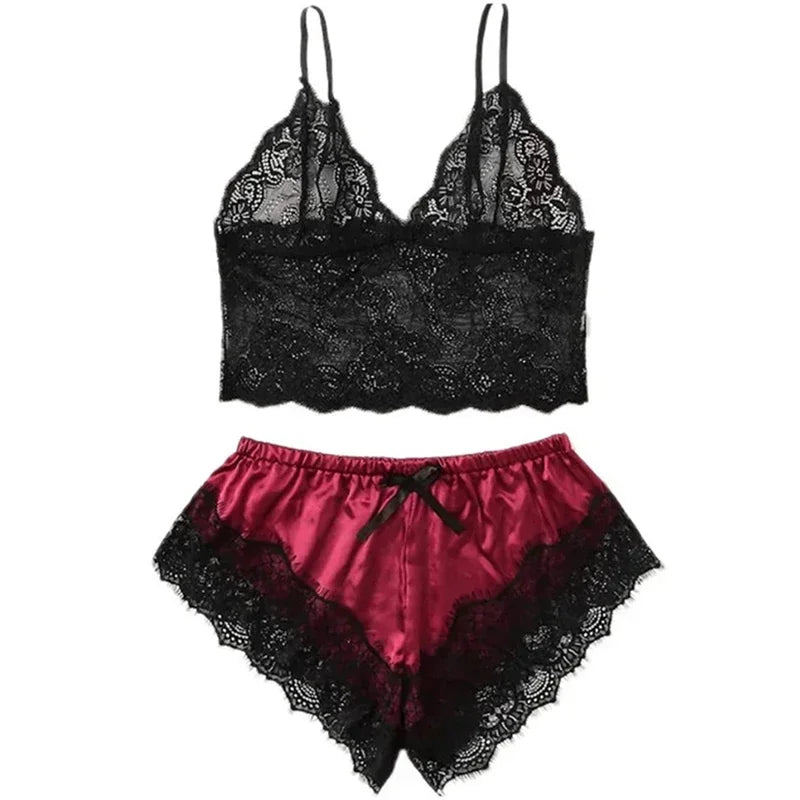 Women's Lace Sleeveless Pajama Set – V-Neck Top & Shorts Loungewear (S/M/L)