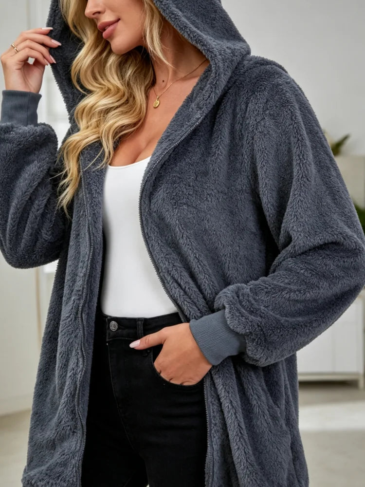 Women's Plush Zip Up Hoodie Jacket - Loose Fleece Coat with Pockets - photo 5