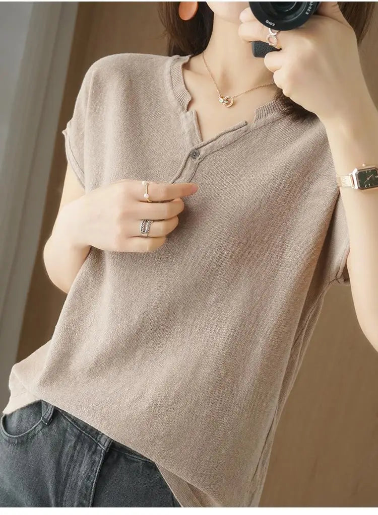 Summer 100% pure cotton women's T-shirt V-neck knitted short sleeved loose Tees solid color pullover button Tops basic versatile