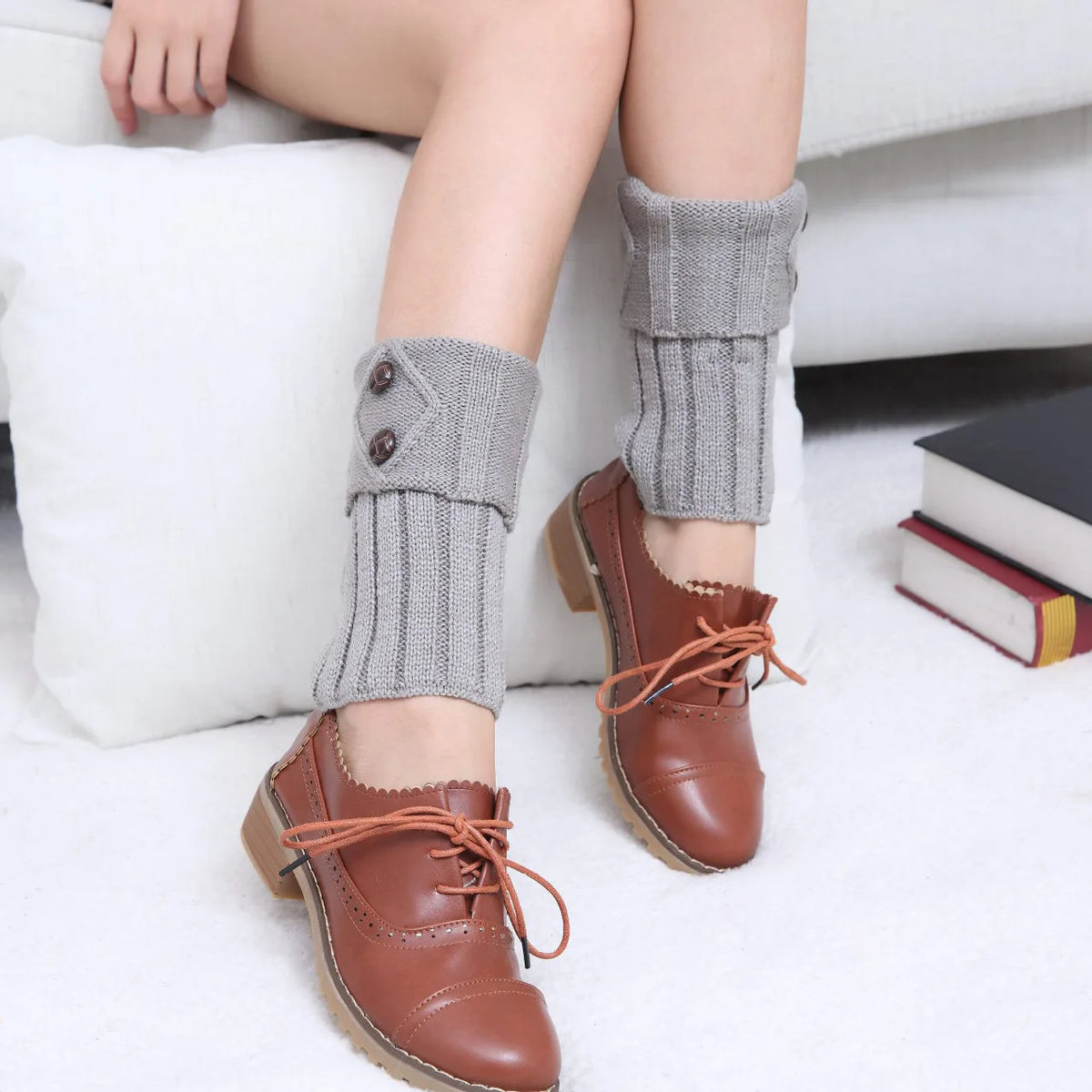 Women's Knit Boot Cuffs, Short Leg Warmers with Buttons