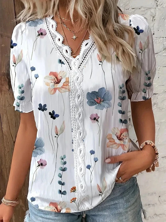 Women's Summer V-Neck Floral Lace Blouse Short Sleeve Casual Top