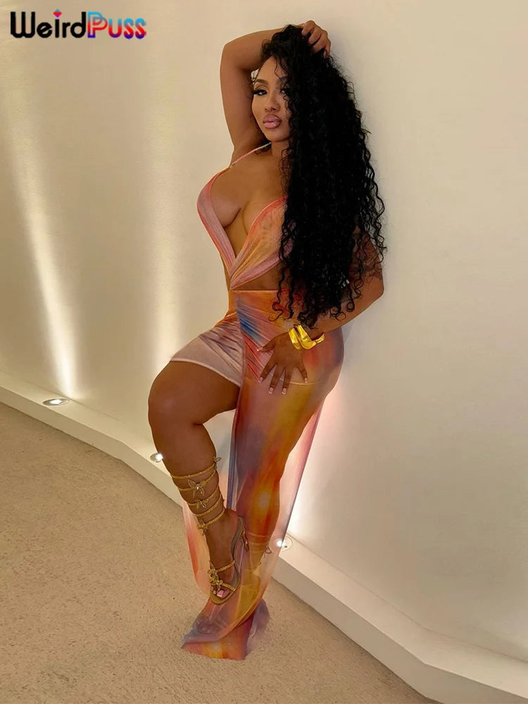 Weird Puss Irregular Ruched Dress Women Sexy Mesh Colorful Gradient Summer Trend Cross Backless Split Hollow Stretch Bodycon