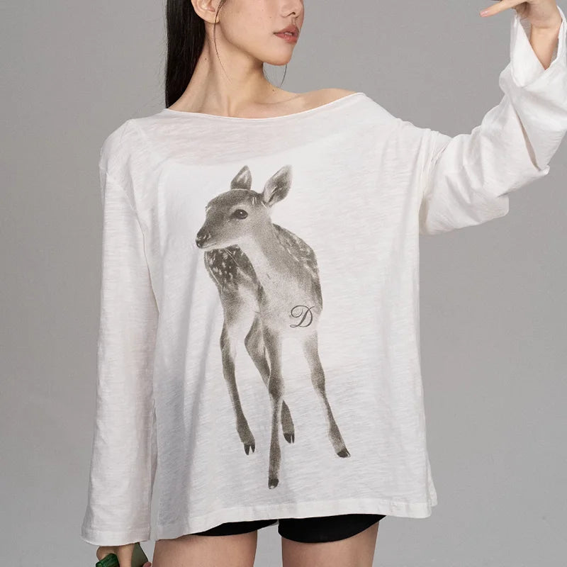 Kimotimo Summer Print Off Shoulder Long Sleeve T-shirt Women 2026 New Casual Transparent Loose Lazy Top Kpop Fashion Y2k Tees