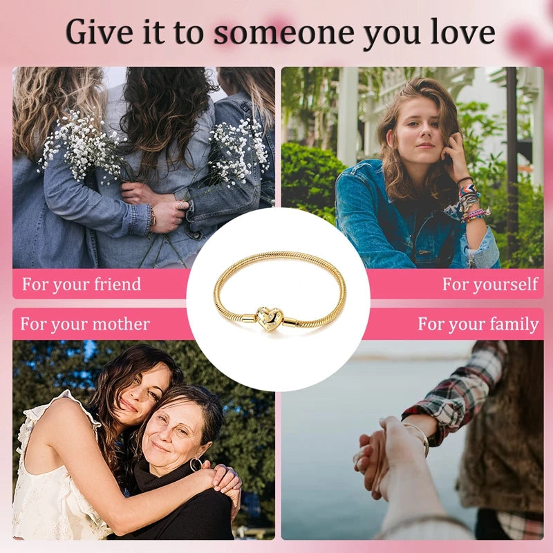 925 Sterling Silver Heart Charm Bracelet for Women - DIY Beads
