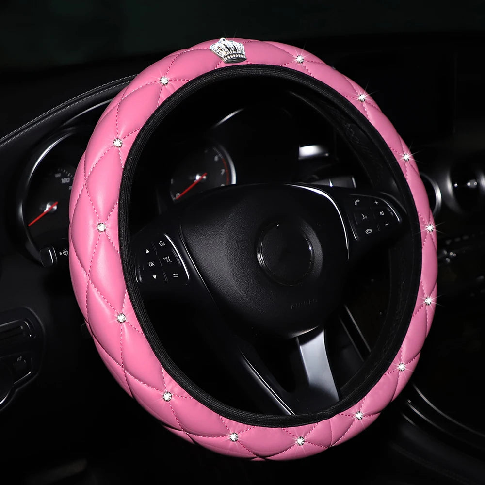 Soft leather diamond-studded crown Blingbling car without inner ring steering wheel cover suitable for 14.5 - 15 inch car access
