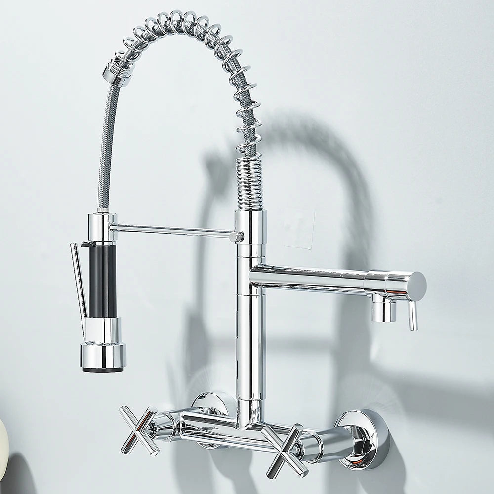 Pull Down Kitchen Faucet Wall Mounted Spring  Hot Cold Water Dual Spouts Kitchen Tap 20cm Distance For Two Holes