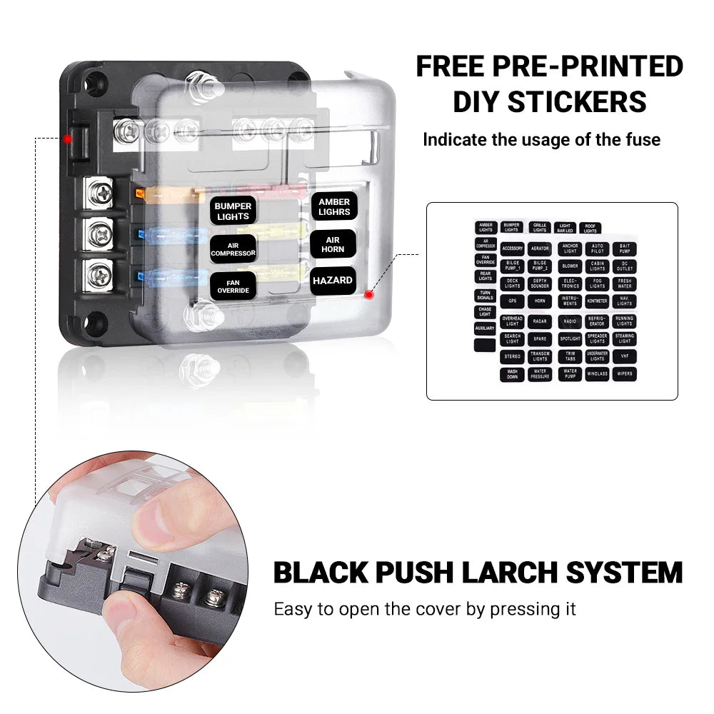 6-12 Way Blade Fuse Block Fuse Box Holder Cover With LED Indicator For a Pillar Switch Panel 12V-24V Board Camper RV Boat