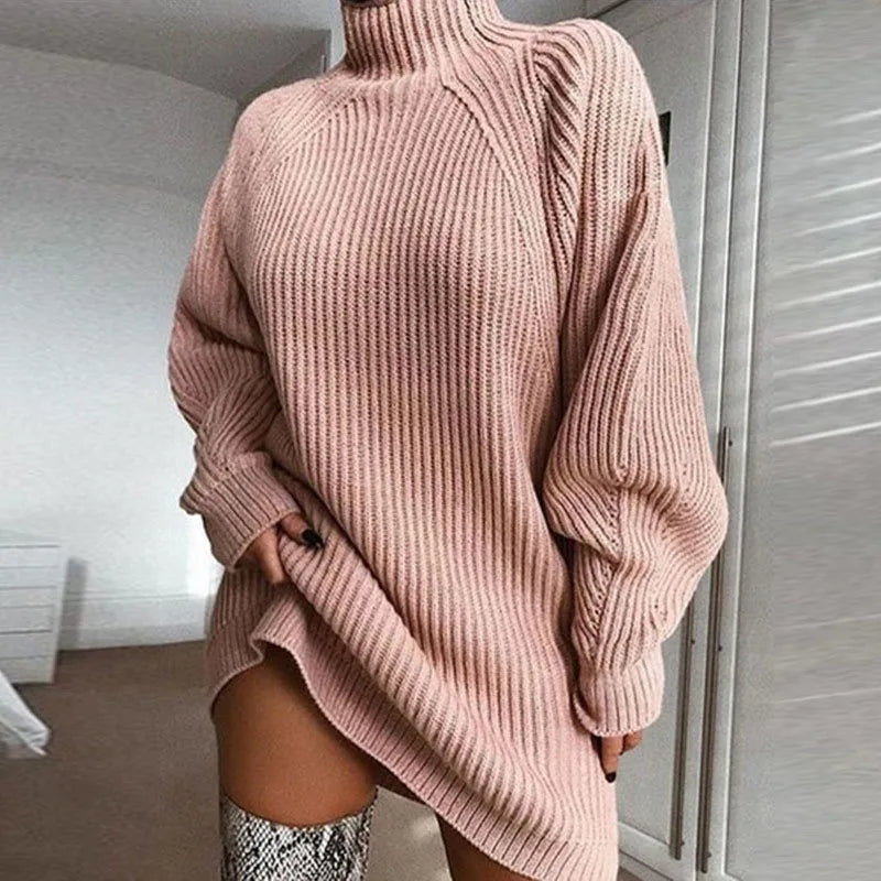 Women's Turtleneck Sweater Dress - Oversized Knit Mini Dress - photo 4