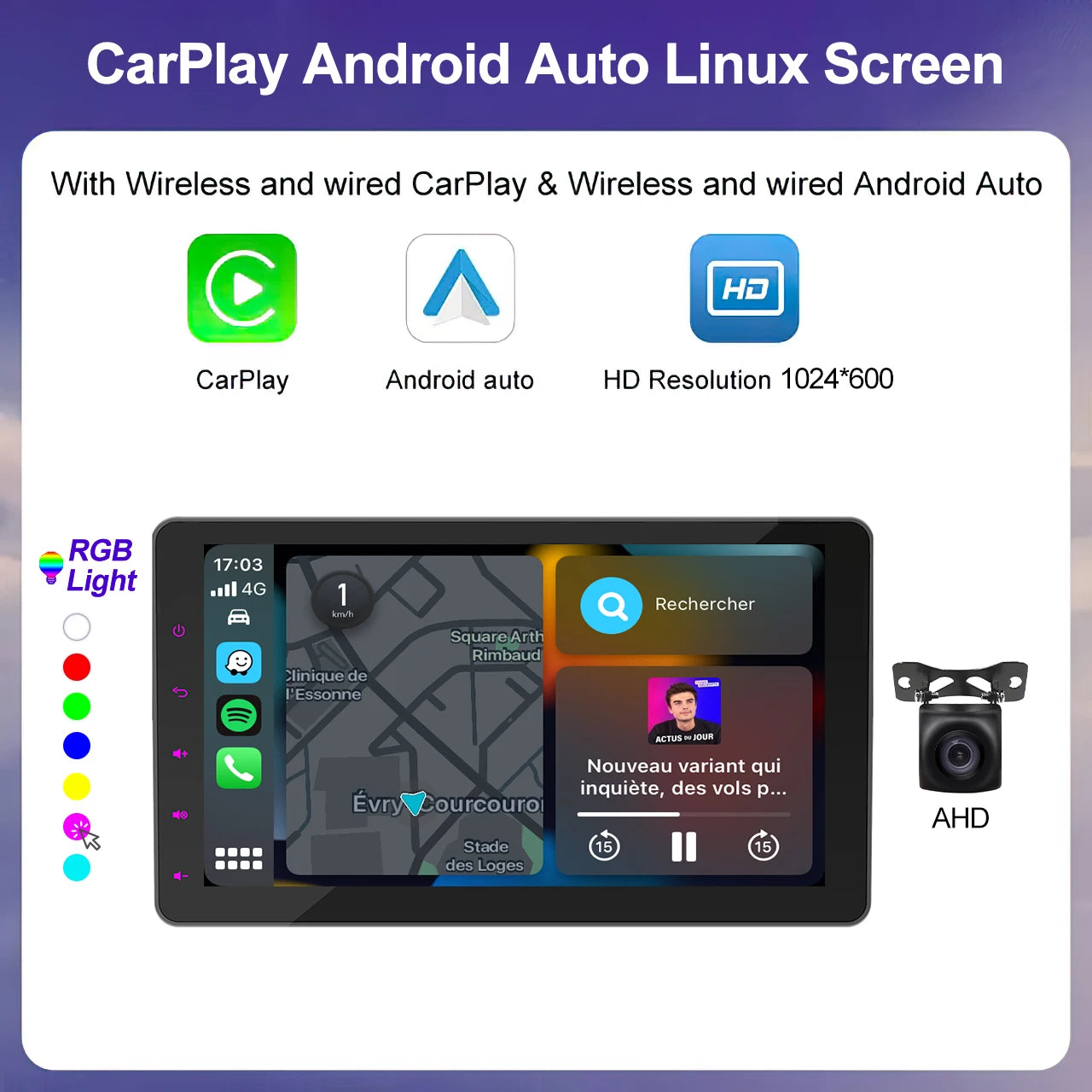 CAIXI Portable Wireless CarPlay & Android Auto Touchscreen — Dash-Mount Car Stereo Display