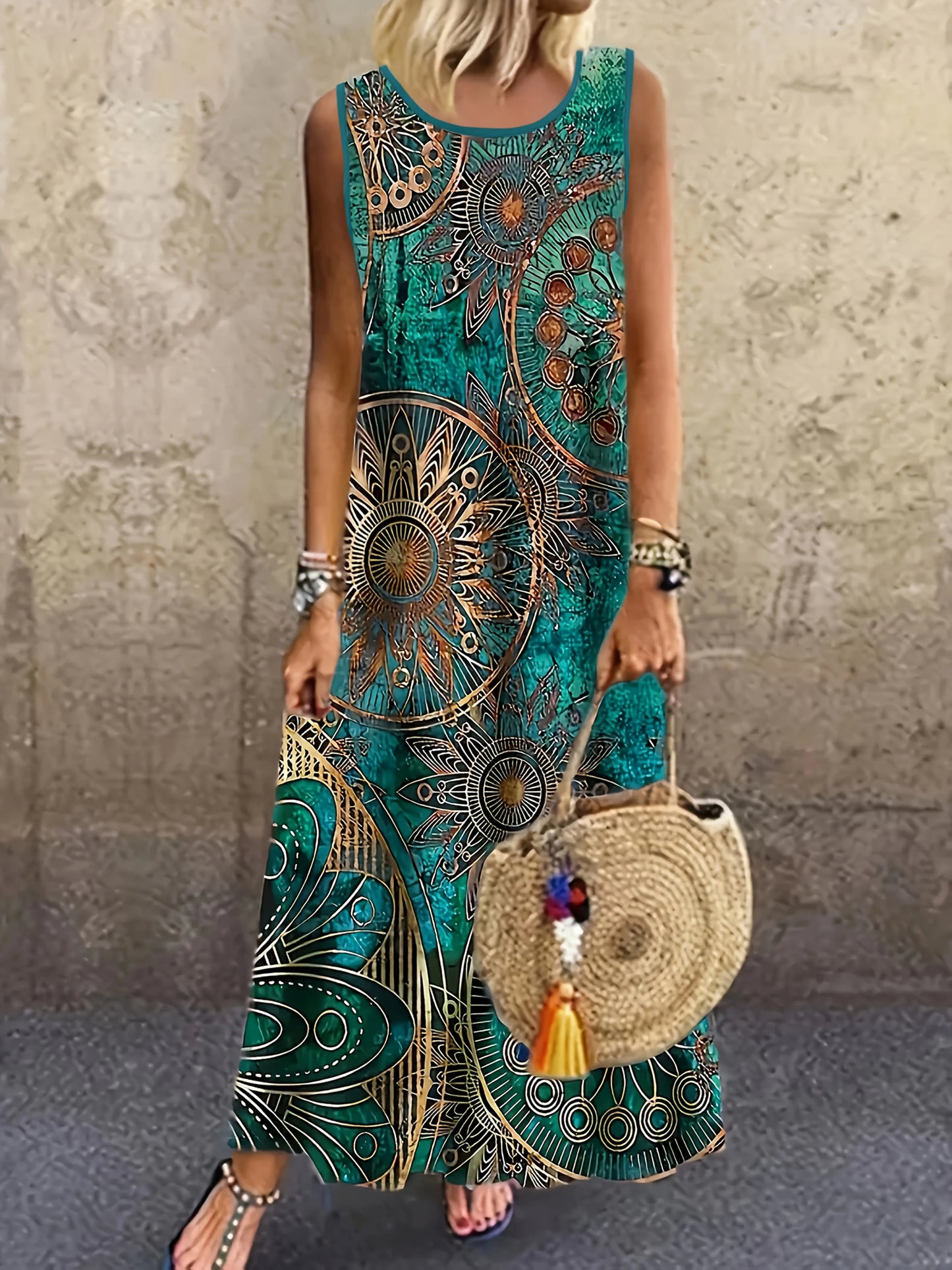 Bohemian Vacation Sunflower Ethnic Print Round Neck Dress Loose Vacation Long Dress Dopamine Dress Light Mature Maxi Dresses