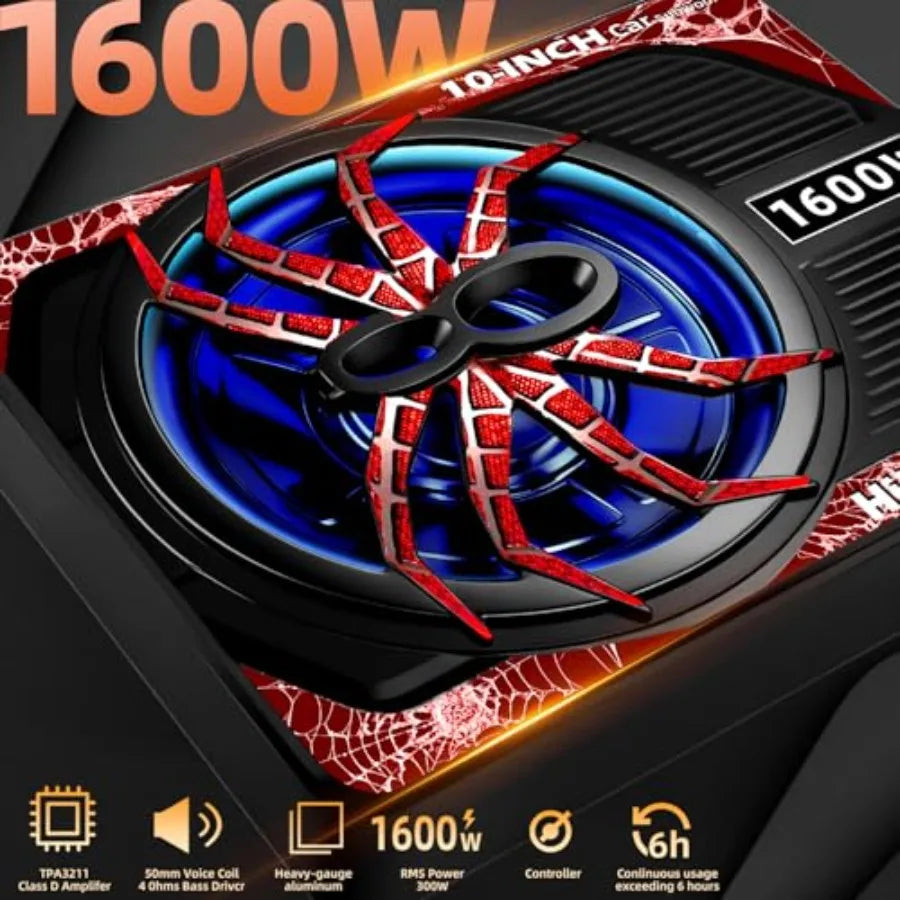 Under seat subwoofers for vehicles: 1600W slim 10-inch with built-in amp, black finish, LED ambient light, deep bass, individua