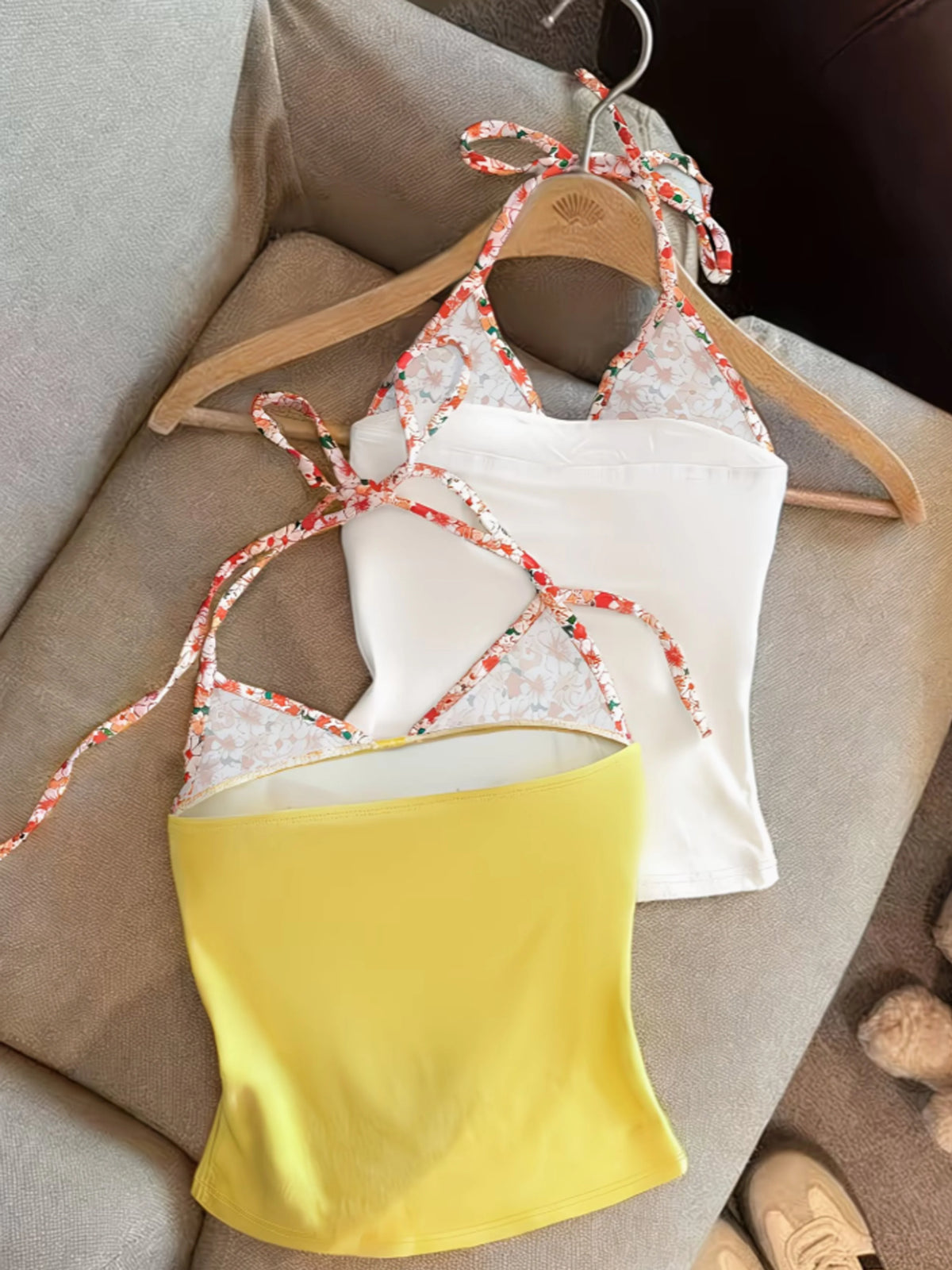 2PCS Orange Floral 2-in-1 Print Camisole, Faux Two-Piece Summer Cool Tank Top, Sexy Y2K Style