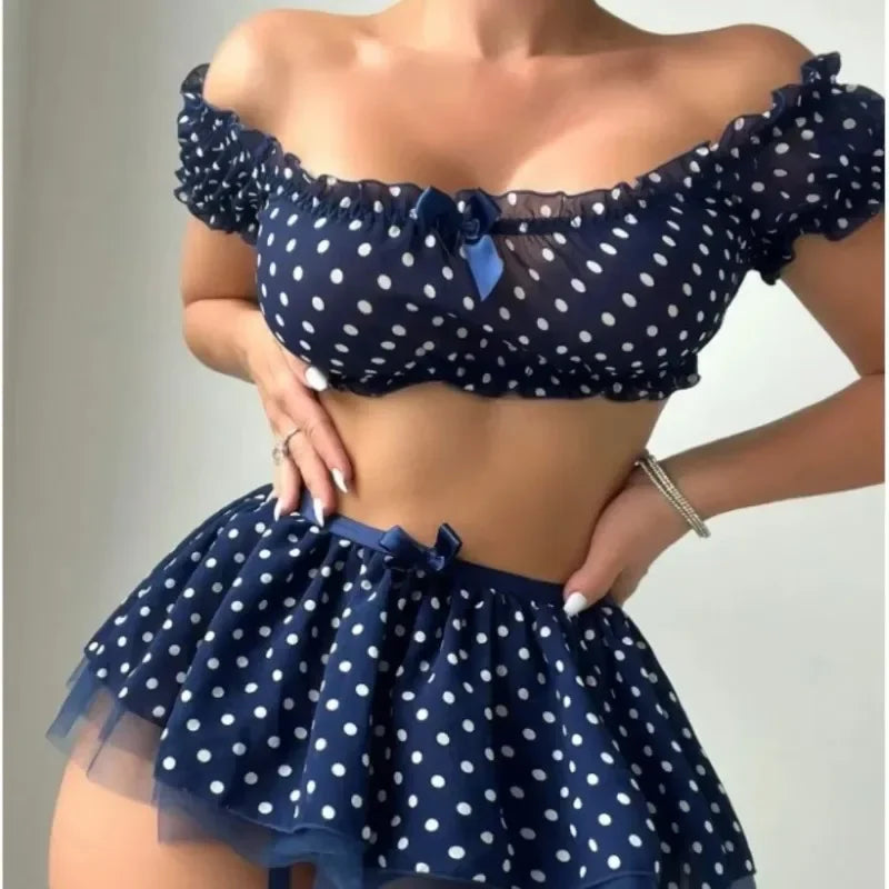 Women's Polka Dot Off-Shoulder Puffy Skirt Lingerie Set – Sexy Bra & Garter Skirt Exotic Set | S–XL (Red, Blue)