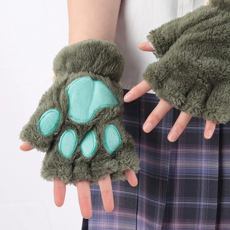 Women's Cat Paw Fingerless Gloves, Plush