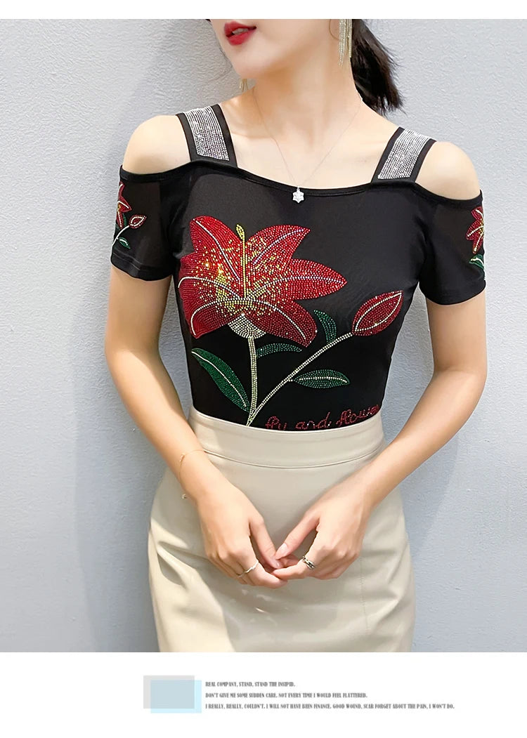 Women's Off-Shoulder Rhinestone Mesh Top