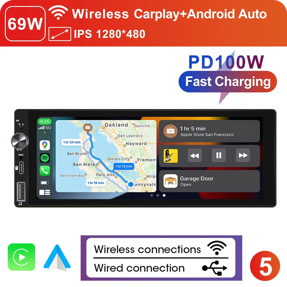 6.9" 1 DIN Universal IPS Car Stereo with Apple CarPlay & Android Auto