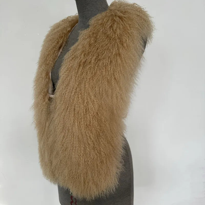 Fluffy Luxury  Real Mongolian Fur Halter Vests Women Solid Deep V-Neck Backless Bandage Sleeveless Jackets Top Outerwear Coat