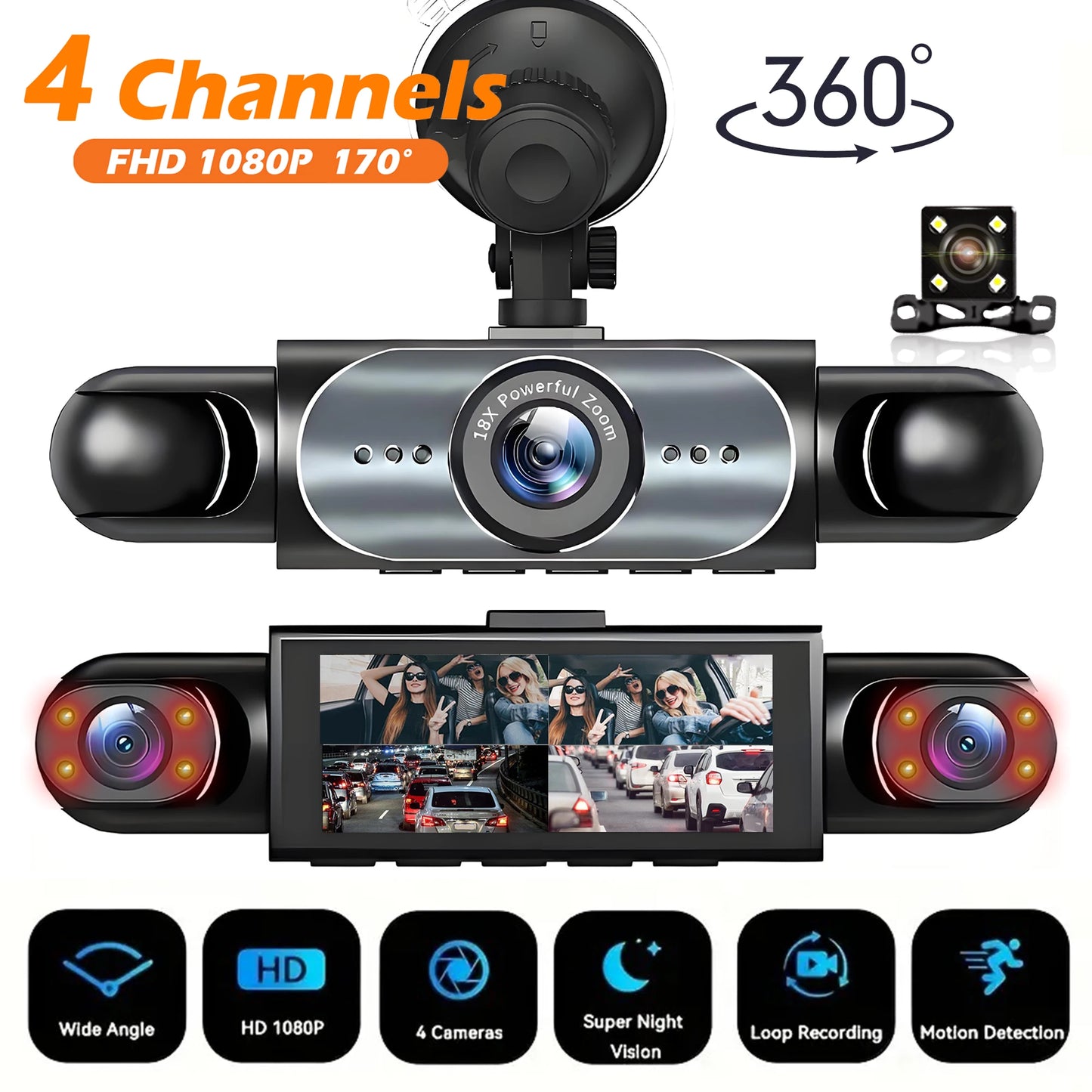 4-Channel 360° Dash Cam — Night Vision & 24/7 Parking Monitor