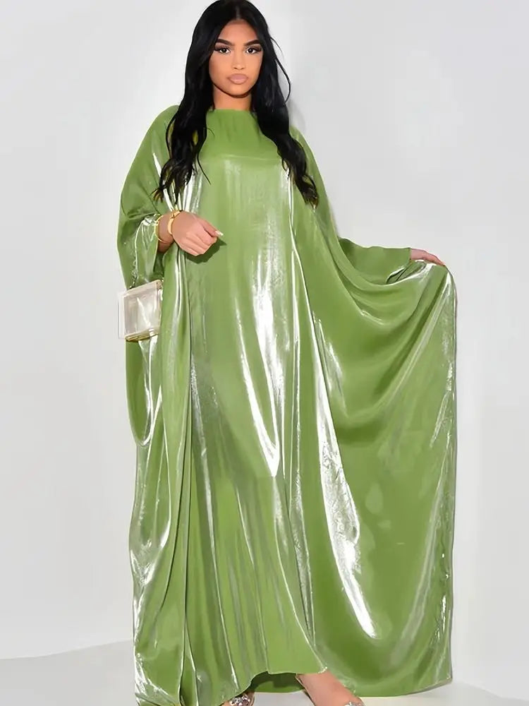 Shimmer Batwing Satin Abaya – Luxury Muslim Kaftan Dress for Eid & Ramadan