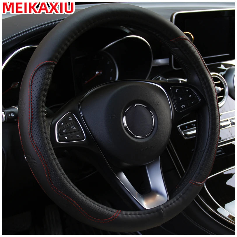 38cm PU Fiber Leather Steering Wheel Cover Embossed Style round Car Decorations Accessory with Inner Ring for All Seasons