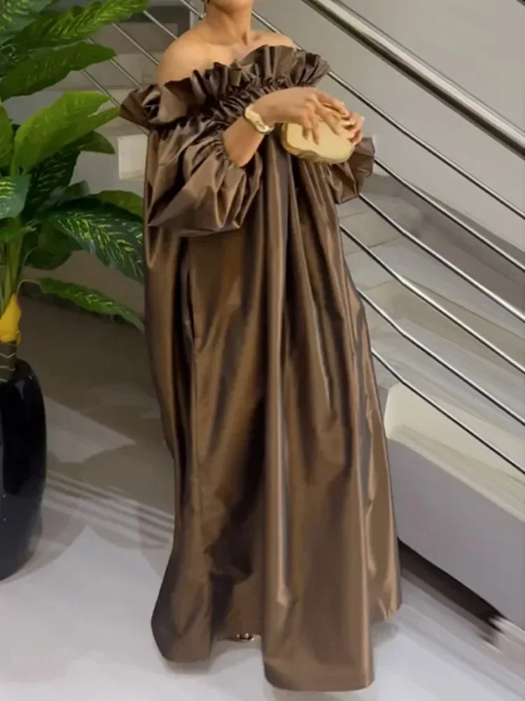Off-Shoulder Evening Maxi Dress – Puff-Sleeve Pleated Gown
