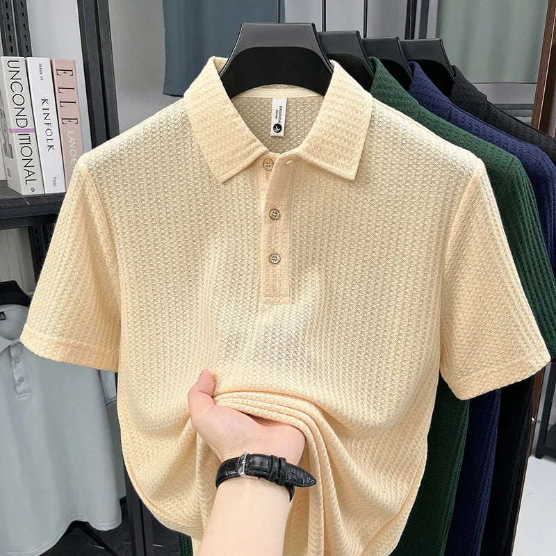 Men's Waffle-Knit Polo - Wrinkle-Free Three-Button, Office Casual