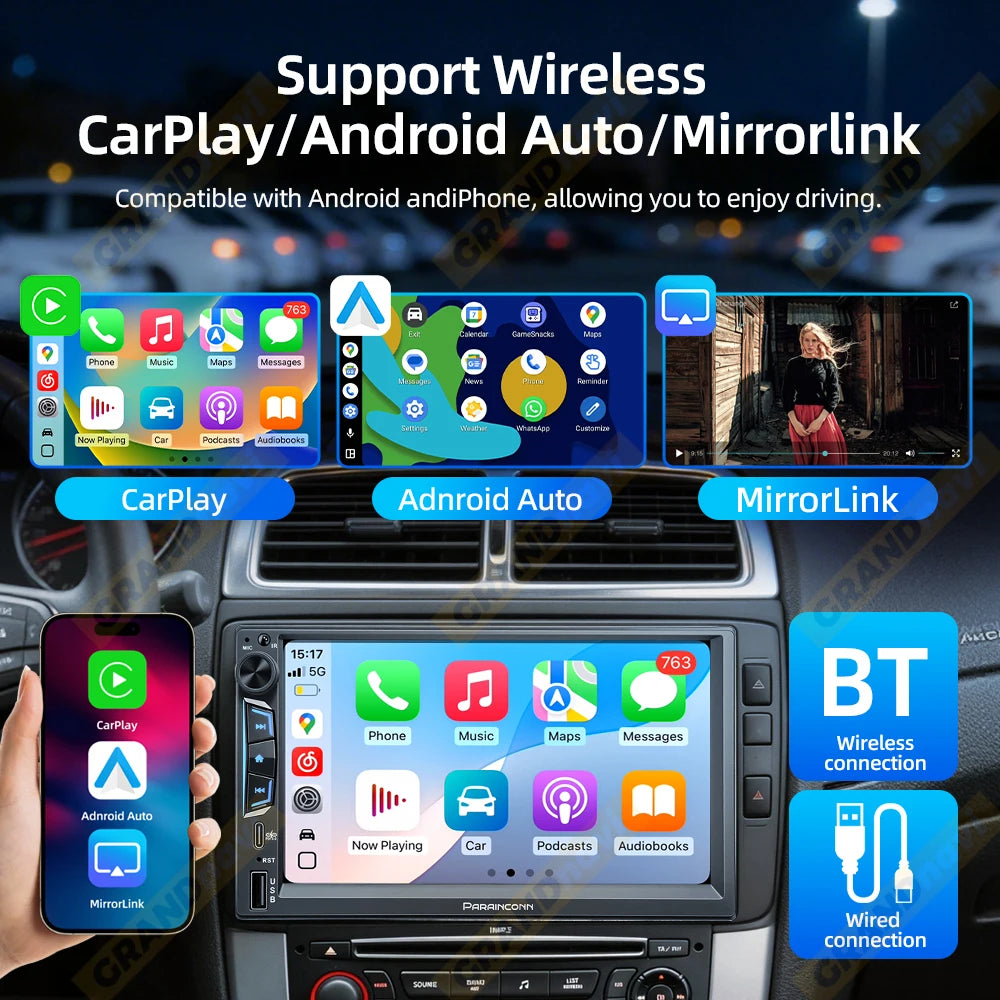 2DIN 7inch Car Radio MP5 Player Wireless CarPlay Android Auto Mirrorlink Touch Screen Bluetooth FM Stereo PD3.0 Fast Charging