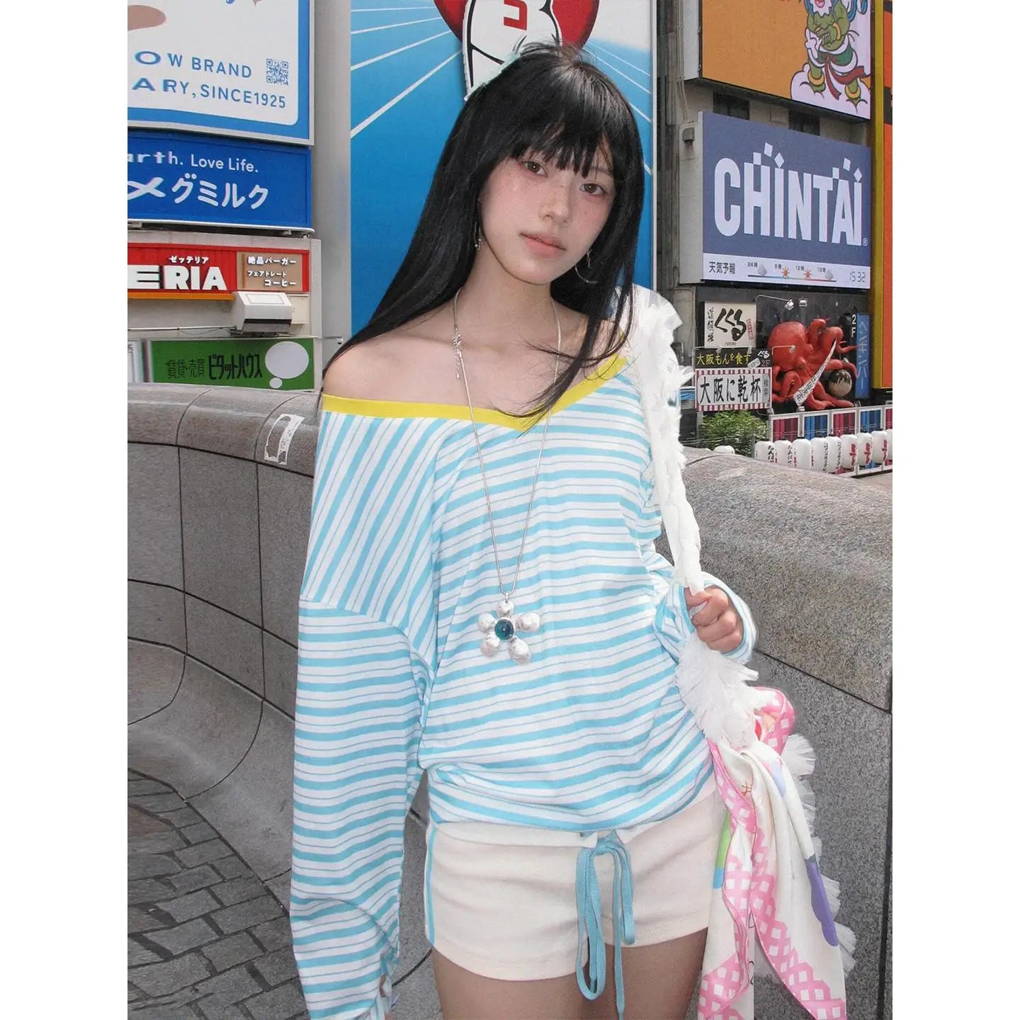 Tonngirls Women's Japanese Y2K Blue Striped V-Neck Long Sleeve T-Shirt – Vintage Off Shoulder Loose Tee