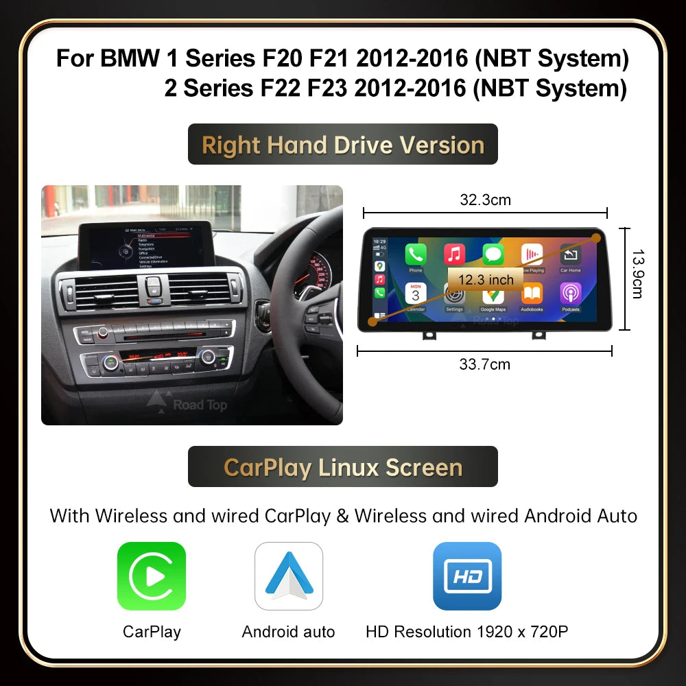 12.3" Wireless CarPlay & Android Auto Display Screen, Compatible with BMW 1 2 Series F20 F21 F22 F23 F45 (NBT)