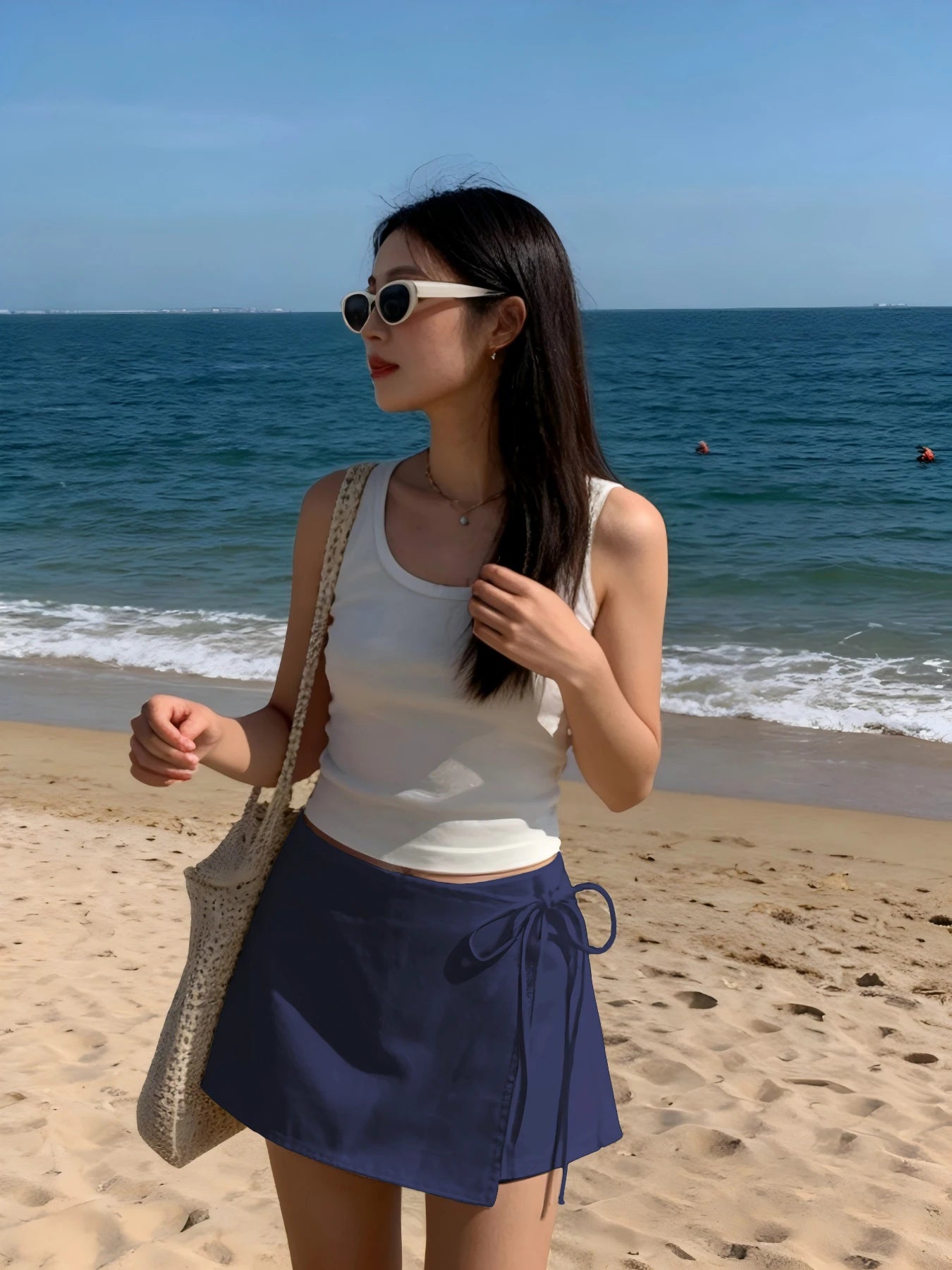 Ladies New Spring Summer Linen Solid Color Casual Sports Elastic Waist Drawstring Belted Skort for Spring Summer