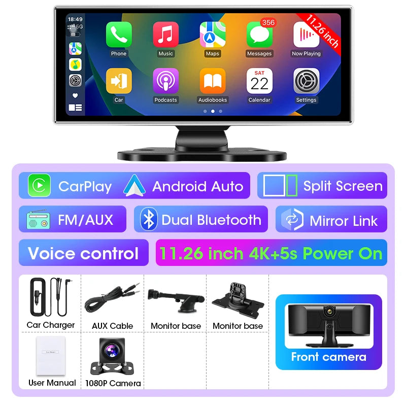 4K Dual-Lens Dash Cam with CarPlay & Android Auto