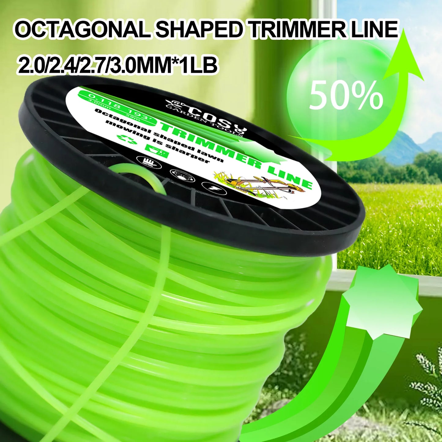 TSES 59m~130m Green String Trimmer Line Roll Durable Octagonal Shape Nylon Weed Whacker Line Strimmer Line Rope