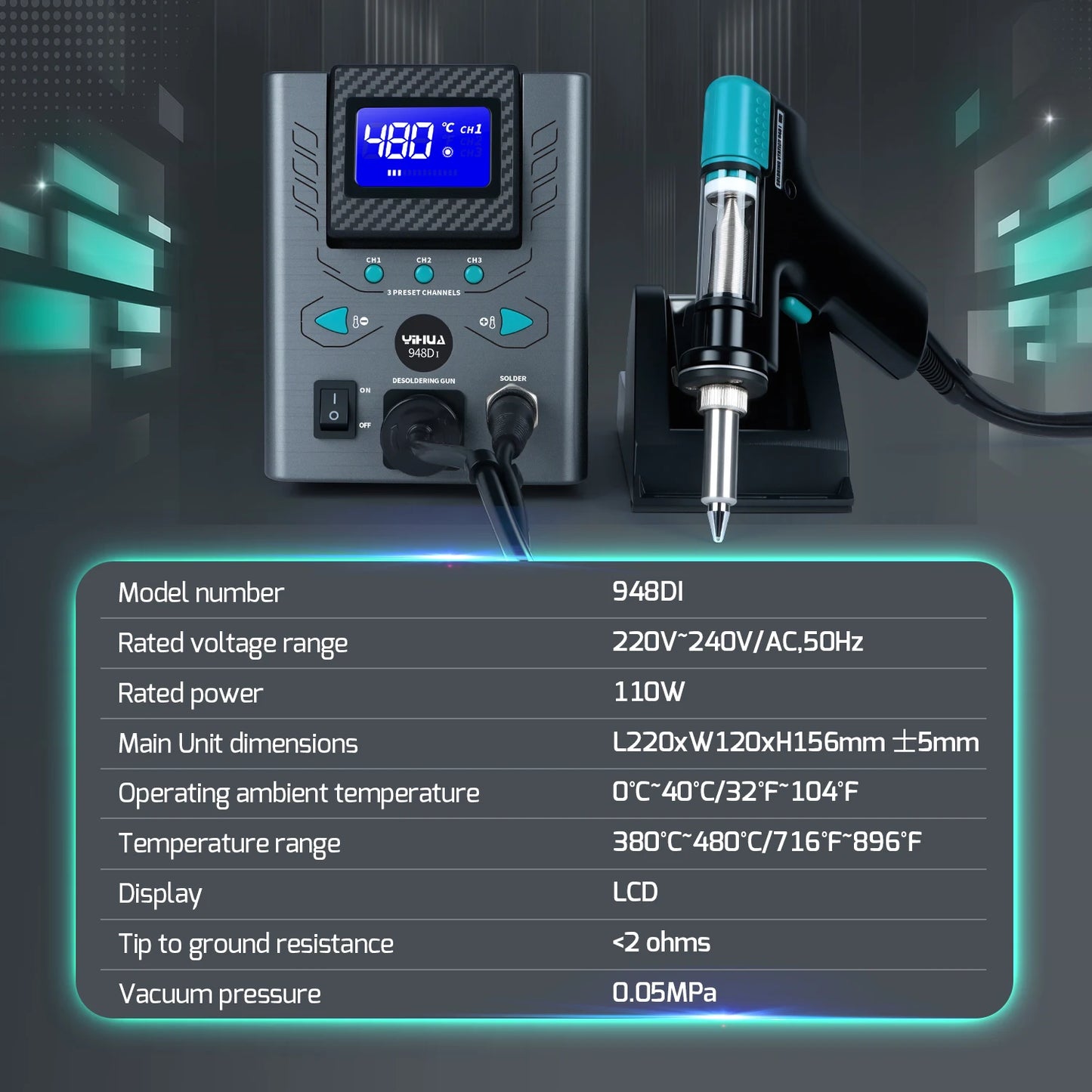 YIHUA 948D-I 110W Desoldering Station – Vacuum Pump Tin Suction Gun for PCB Welding & Repair