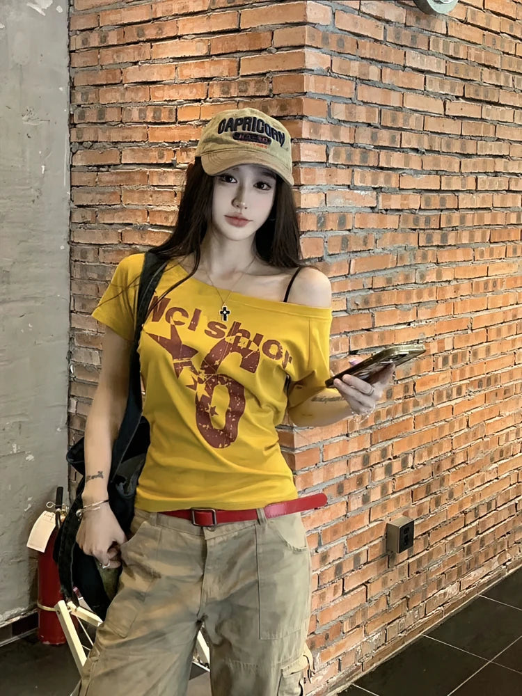 Y2K Off-Shoulder Crop Top — Women's Short-Sleeve Summer Tee