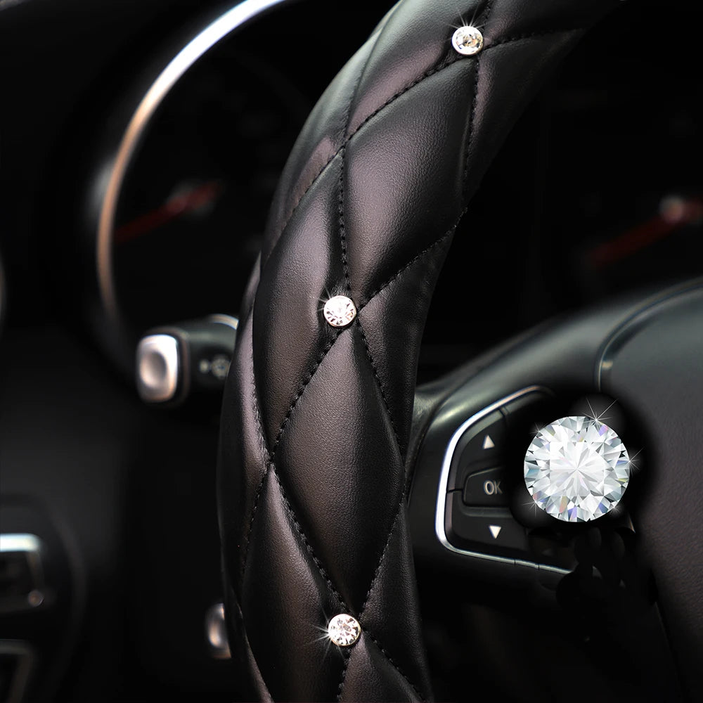 Soft leather embroidered stereo diamond-studded car steering wheel cover with inner ring fits 14.5-15 inches