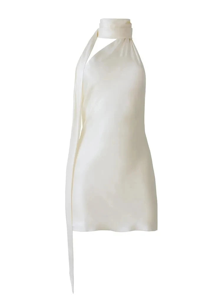 VGH Patchwork Formal Dresses For Women Halter Collar Off Shoulder Sleeveless High Waist Backless Satin Mini Dress Female Style