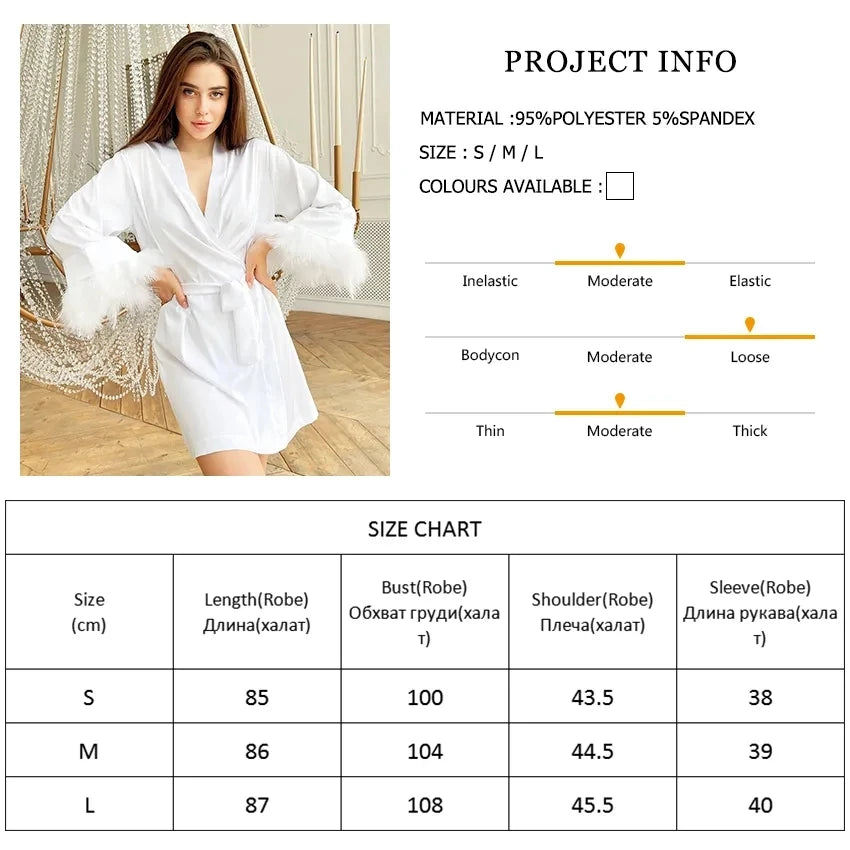 Women's Satin Robe with Feather Trim, Bridal Robe