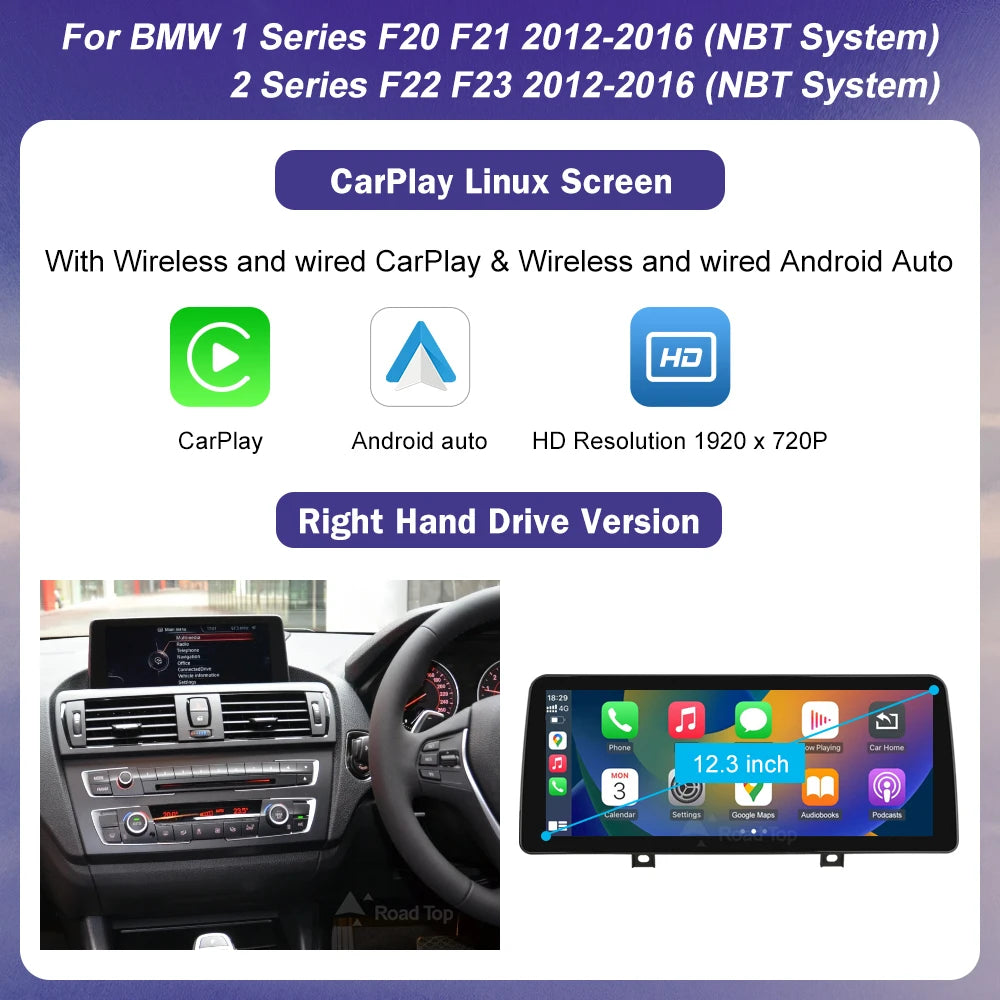 1920*720 Multimedia Touch Screen For BMW 1/2/3/4 Series F20/F21/F22/F30/F31 F33 F34 F36 Android Auto NBT System Wireless Carplay