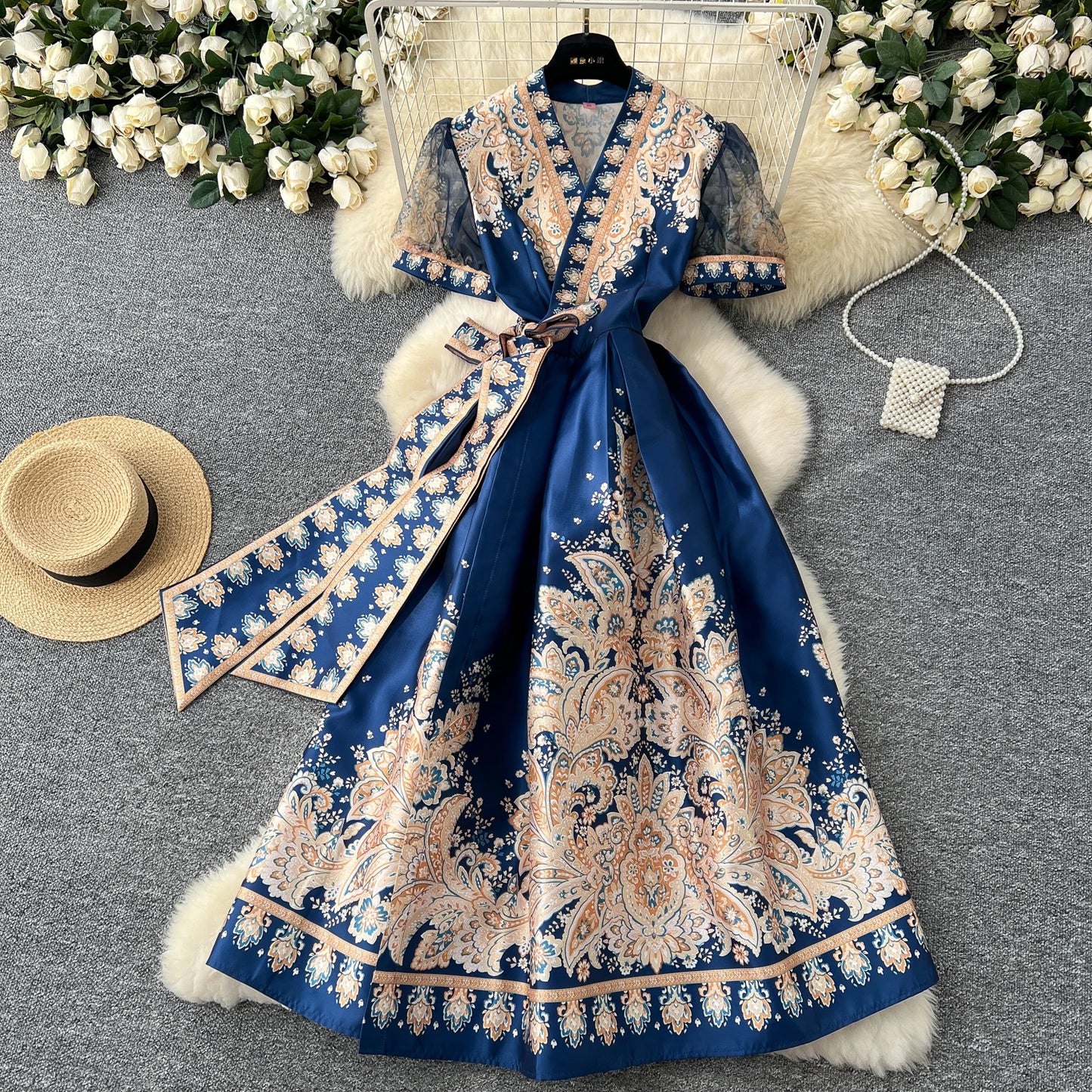 Vintage Dresses French Retro Style Printed Dress Women's Summer Tie High Street Design Chic Long Fashion Vestidos