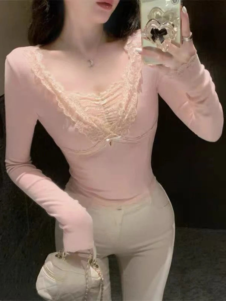 Pink V-neck Lace Edge Spliced Base Shirt Women Autumn Winter Inner Wear Elegant Fit Tops Harajuku Sweet Bow Casual Soft Clothes