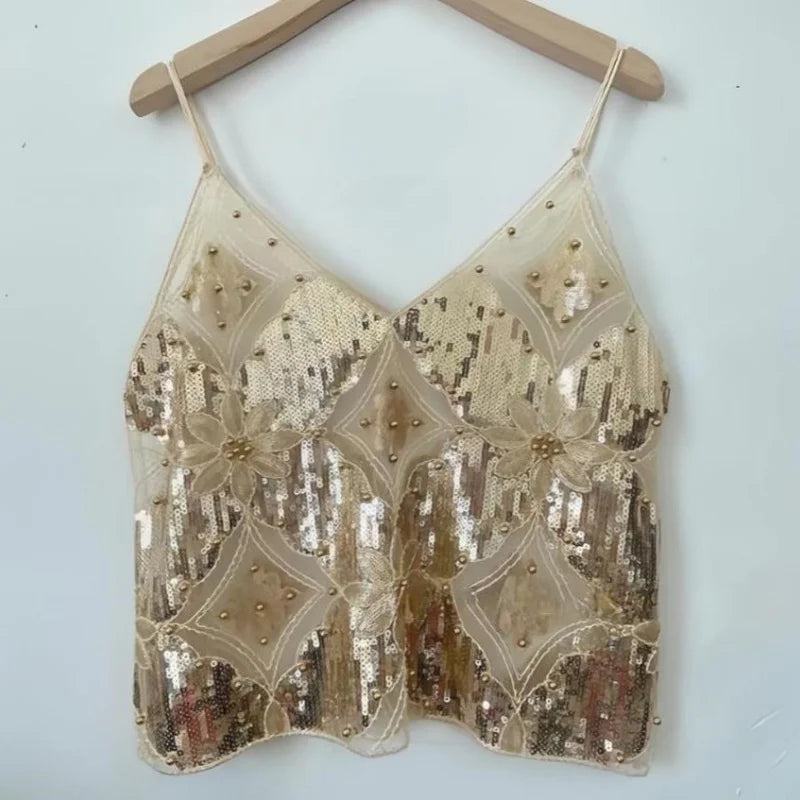 Women's Hot Sweet Sequin Bead Crop Tops Sexy Sling Slim Fit Short V-neck Straight Tank Top Korean Fashion Y2k Clothing