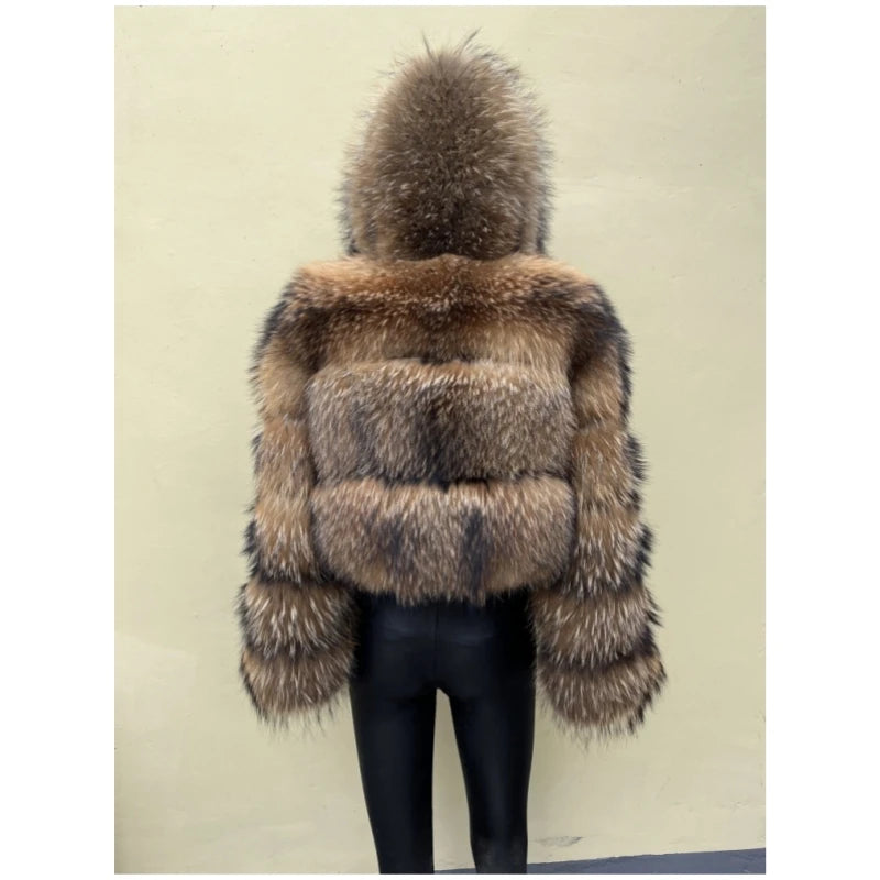 Women's Short Raccoon Fur Coat, Winter Jacket