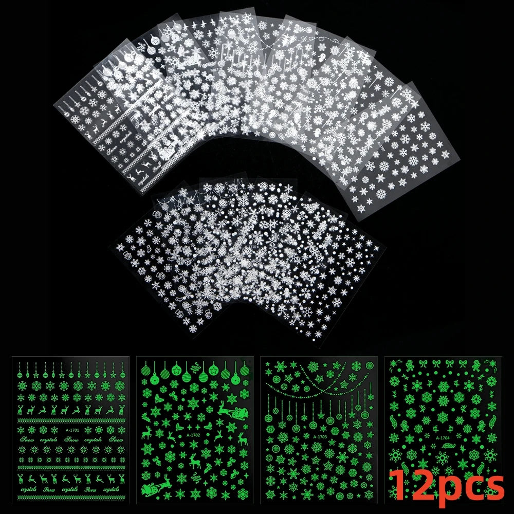 12pcs 3D Snowflake Nail Stickers Red Christmas Designs Nail Art Decals Geometric Lines New Year Winter Gel Foils Sliders Decors*