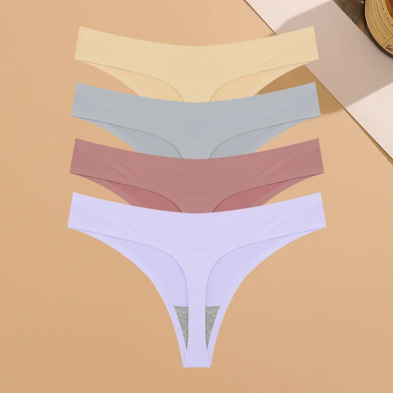 4PCS Ultra-thin Seamless Underwear Women's Invisible Panties Sexy Ice Silk Thongs Low Waist Breathable Bikini Stretchy Lingerie