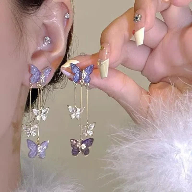 Purple Butterfly Tassel Earrings – Crystal Drop Jewelry