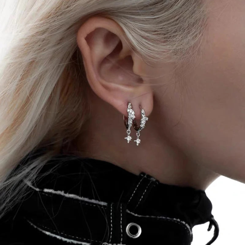 Four-Star Hoop Earrings — Zircon Circle Studs for Women