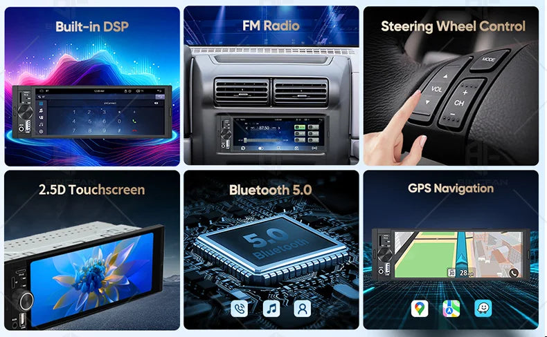 6.86" 1-DIN Car Stereo with Wireless CarPlay & Android Auto — Touchscreen MP5, Bluetooth, FM/AM, USB-C